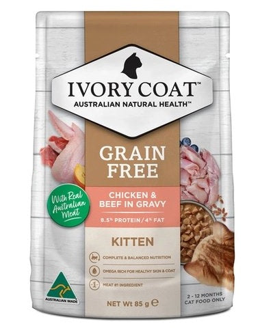 Ivory Coat - Pouches - Kitten - GRAIN FREE - Chicken & Beef in Gravy - 12 x 85g