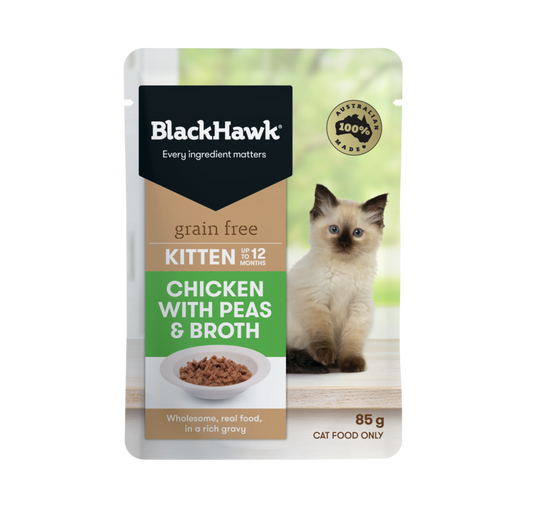 Black Hawk - Pouches - Kitten - GRAIN FREE - Chicken with Peas & Broth in Gravy - 12 x 85g