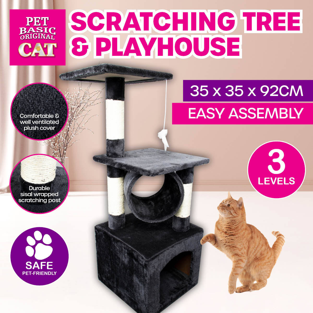 Pet Basic 3 Level Cat Scratch Tree & Playhouse Fun Climb Rest 92 x 35cm