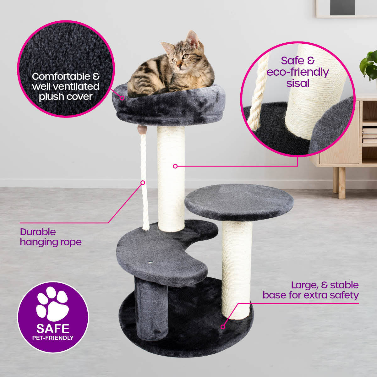Pet Basic 3 Level Cat Scratching Tower & Cosy Bed Scratch Climb 65 x 40cm