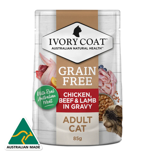 Ivory Coat - Pouches - Adult Cat - GRAIN FREE - Chicken, Beef & Lamb in Gravy - 12 x 85g