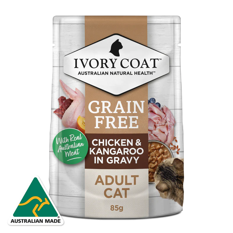 Ivory Coat - Pouches - Adult Cat - GRAIN FREE - Chicken & Kangaroo in Gravy - 12 x 85g