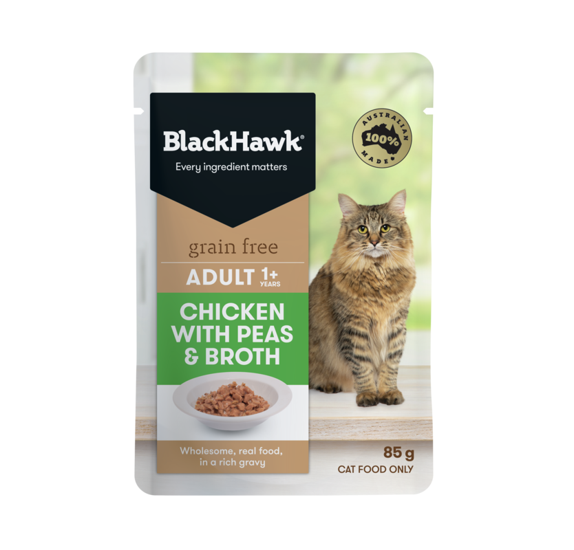 Black Hawk - Pouches - Adult Cat - GRAIN FREE - Chicken with Peas & Broth in Gravy - 12 x 85g