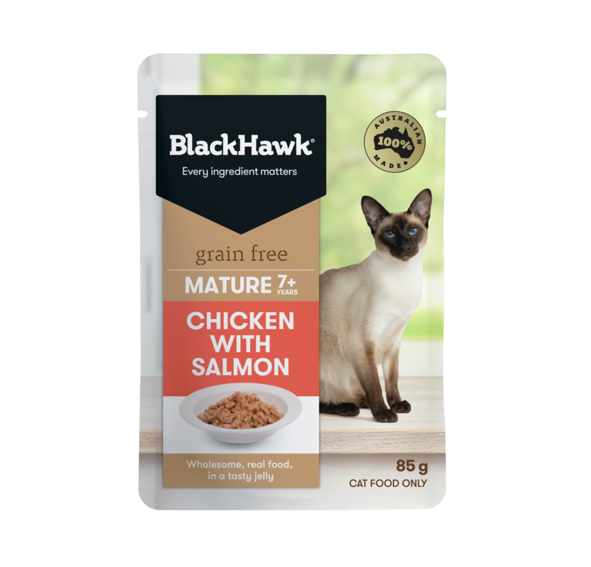 Black Hawk - Pouches - Mature Cat (7+) - GRAIN FREE - Chicken with Salmon in Jelly - 12 x 85g