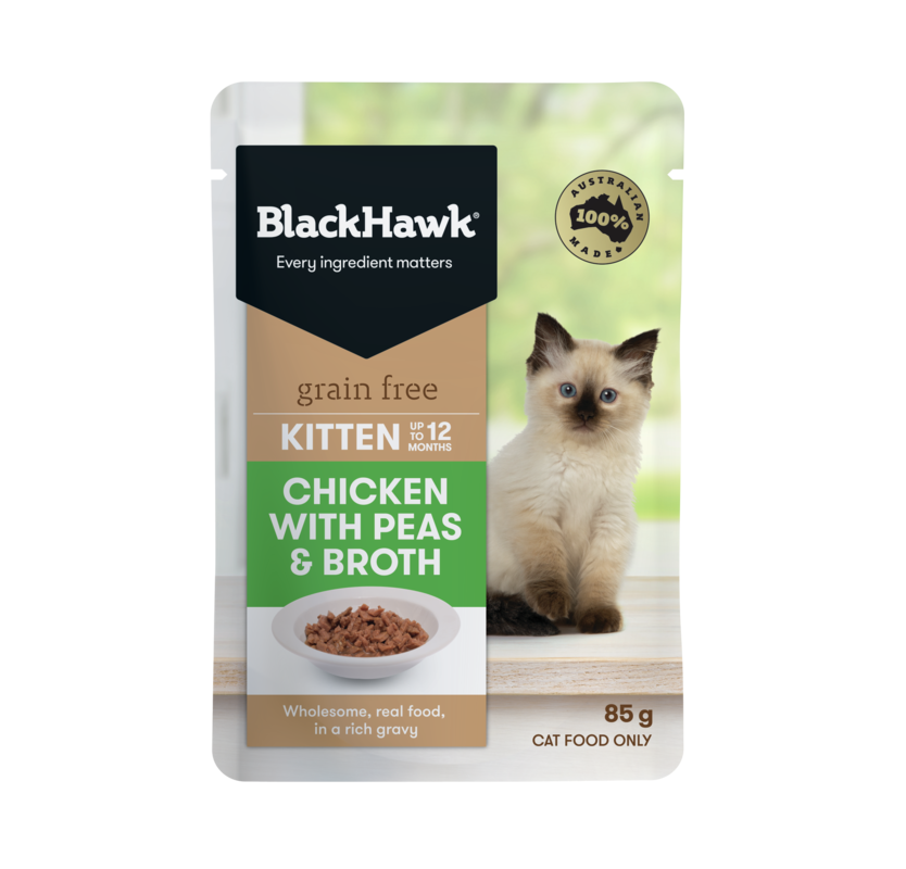 Black Hawk - Pouches - Kitten - GRAIN FREE - Chicken with Peas & Broth in Gravy - 12 x 85g