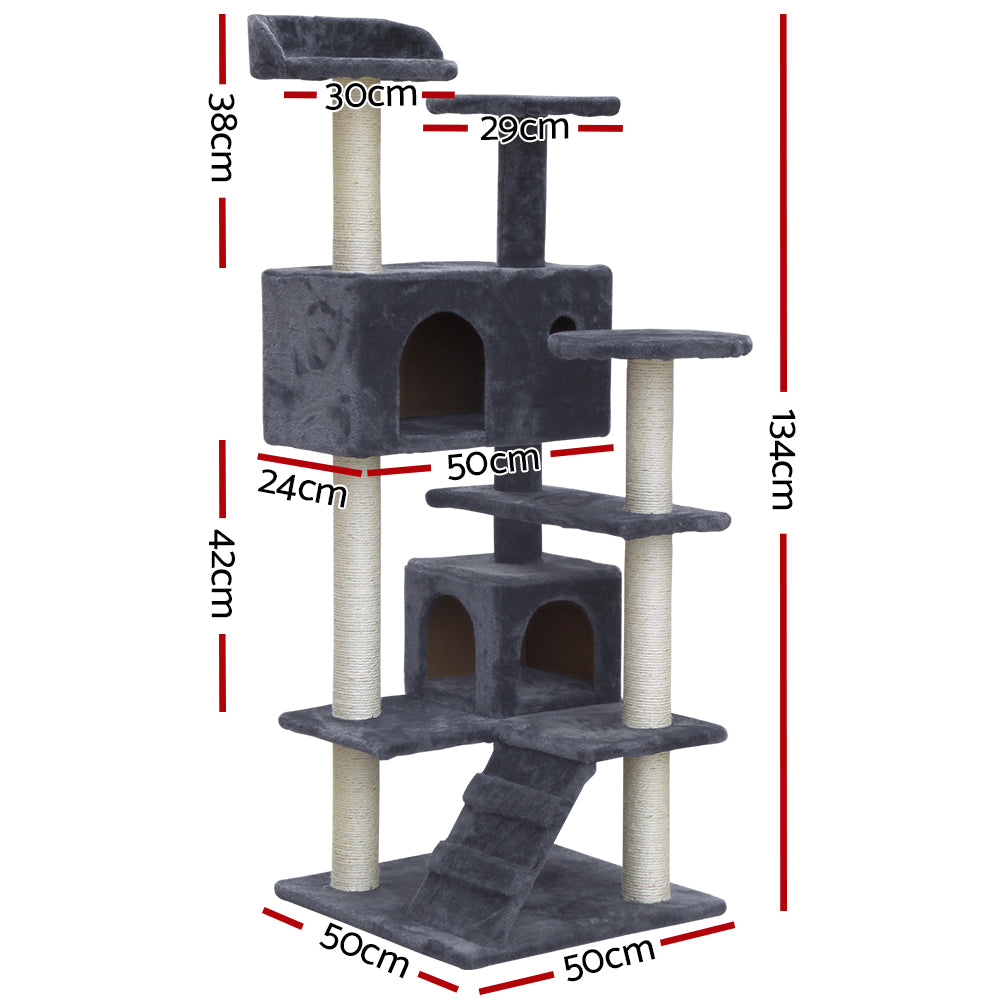 i.Pet Cat Tree 134cm Tower Scratching Post Scratcher Wood Condo House Bed Grey