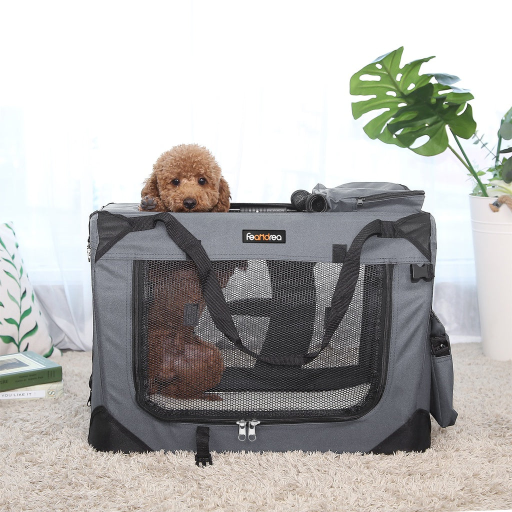 FEANDREA Dog Kennel Transport Box Folding Fabric Pet Carrier 60cm Grey