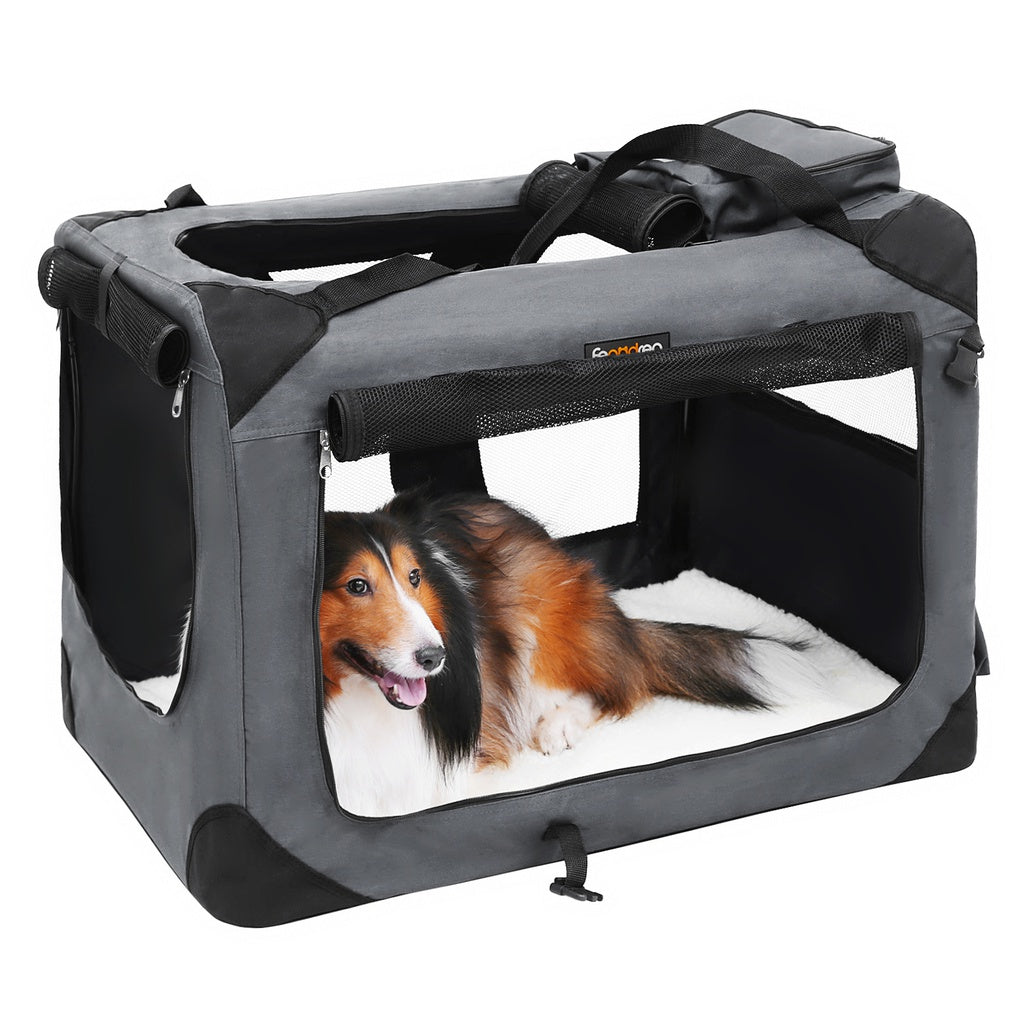 FEANDREA Dog Kennel Transport Box Folding Fabric Pet Carrier 70cm Grey