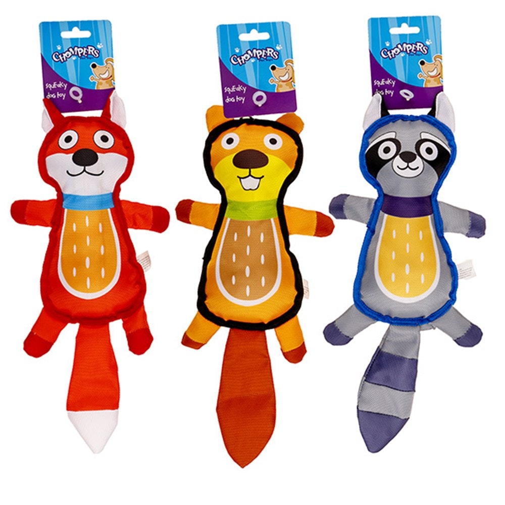 Chompers- Animals Plush dog toys with squeaker FOX/BEAVER/RACCOON  40X16CM-(1pc Random Animal)