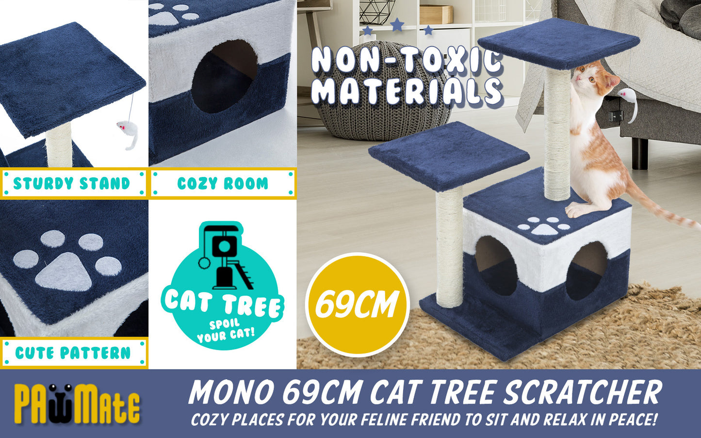 Paw Mate 69cm Blue Cat Tree Mono Multi Level Scratcher