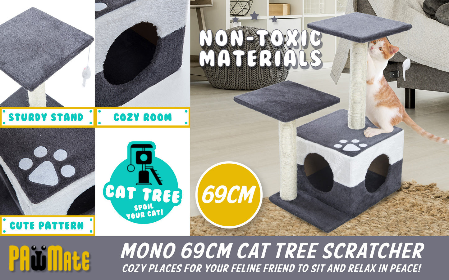 Paw Mate 69cm Grey Cat Tree Mono Multi Level Scratcher