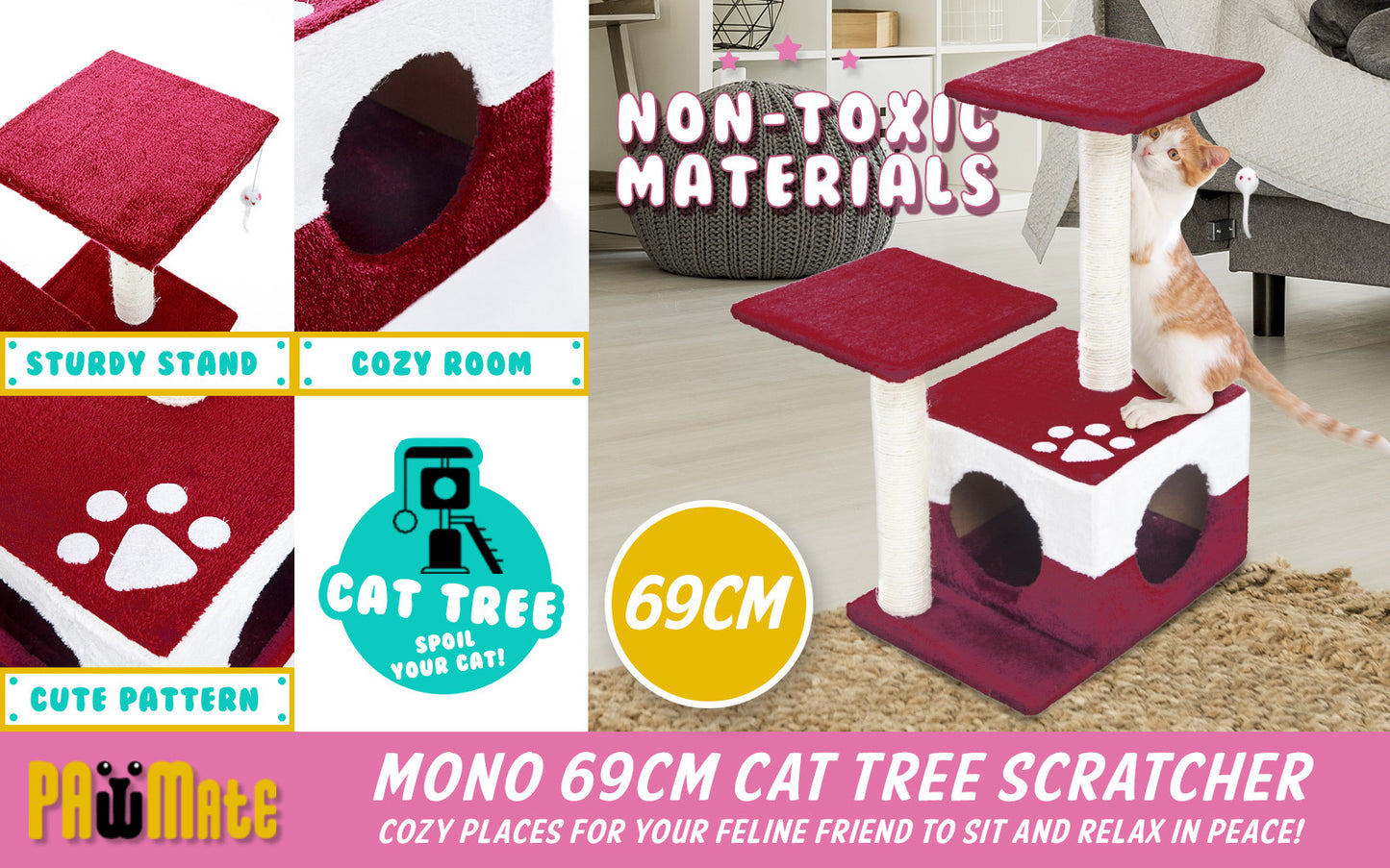 Paw Mate 69cm Red Cat Tree Mono Multi Level Scratcher