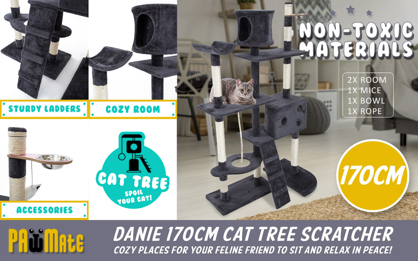 Paw Mate 170cm Grey Cat Tree Danie Multi Level Scratcher
