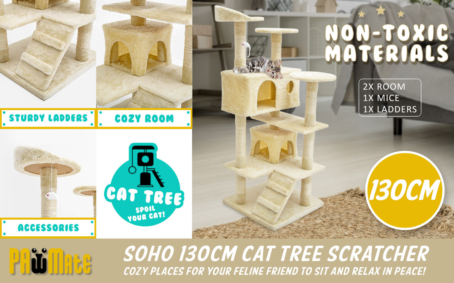 Paw Mate 130cm Beige Cat Tree Soho Multi Level Scratcher