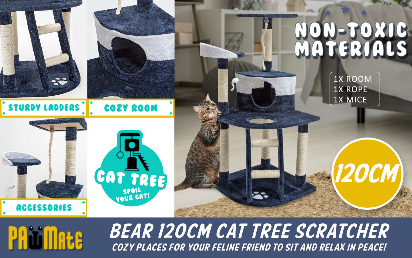 Paw Mate 120cm Blue Cat Tree Bear Multi Level Scratcher