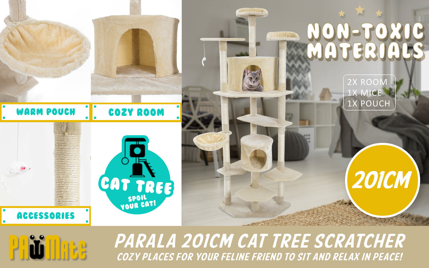 Paw Mate 201cm Beige Cat Tree Parala Multi Level Scratcher