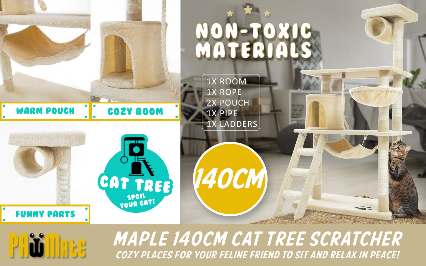 Paw Mate 140cm Beige Cat Tree Maple Multi Level Scratcher