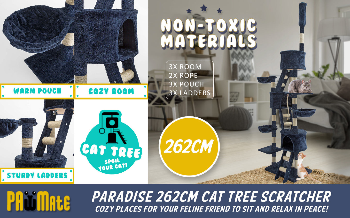 Paw Mate 262cm Blue Cat Tree Paradise Multi Level Scratcher