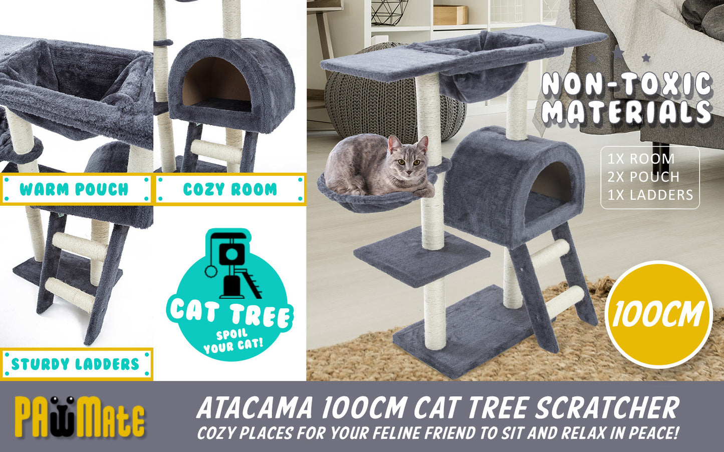 Paw Mate 100cm Grey Cat Tree Atacama Multi Level Scratcher