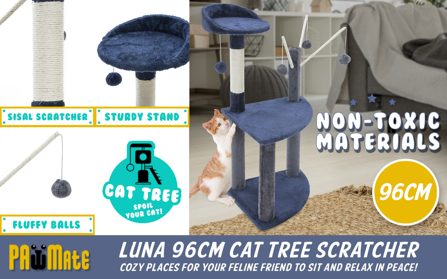 Paw Mate 96cm Blue Cat Tree Luna Multi Level Scratcher