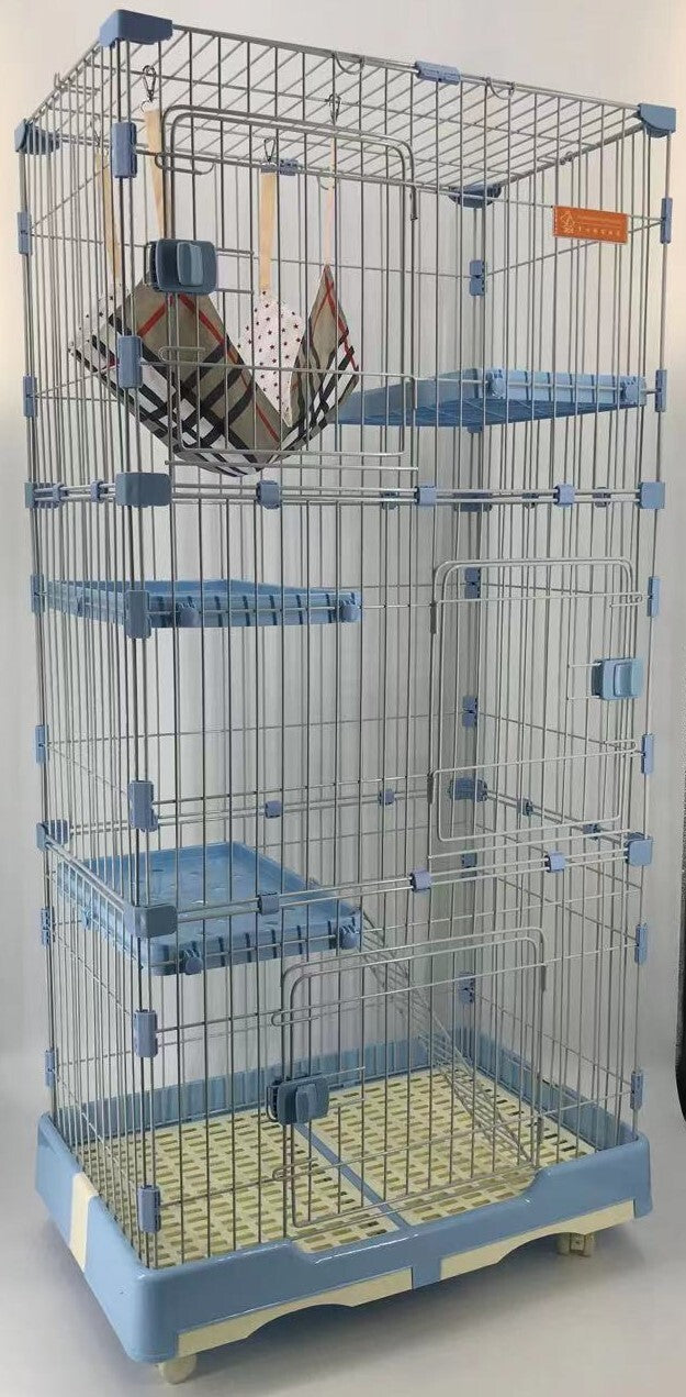 YES4PETS 146 cm Blue Pet 4 Level Cat Cage House With Litter Tray & Wheel 72x47x146 cm
