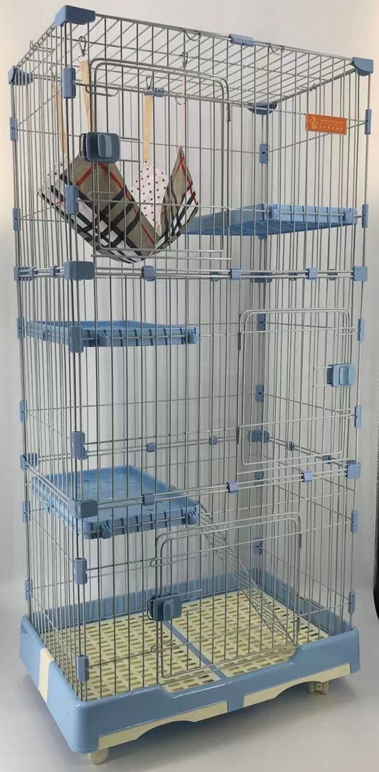 146 cm Blue Pet 4 Level Cat Cage House With Litter Tray & Wheel 72x47x146 cm