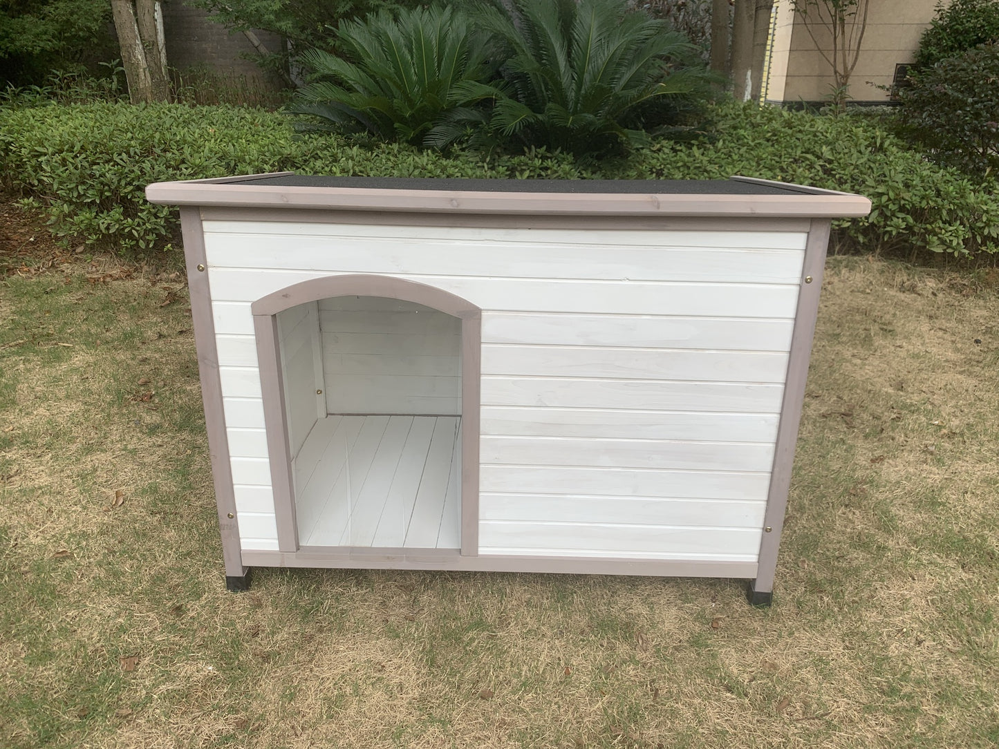 YES4PETS L Timber Pet Dog Kennel House Puppy Wooden Timber Cabin With Stripe White
