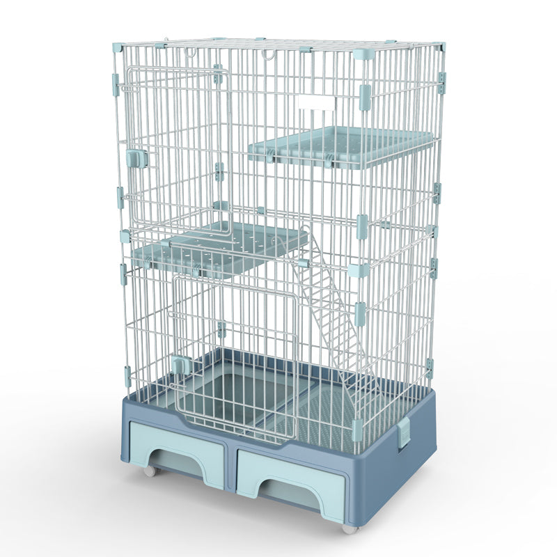 YES4PETS 134 cm Blue Pet 3 Level Cat Cage House With Litter Tray And Storage Box