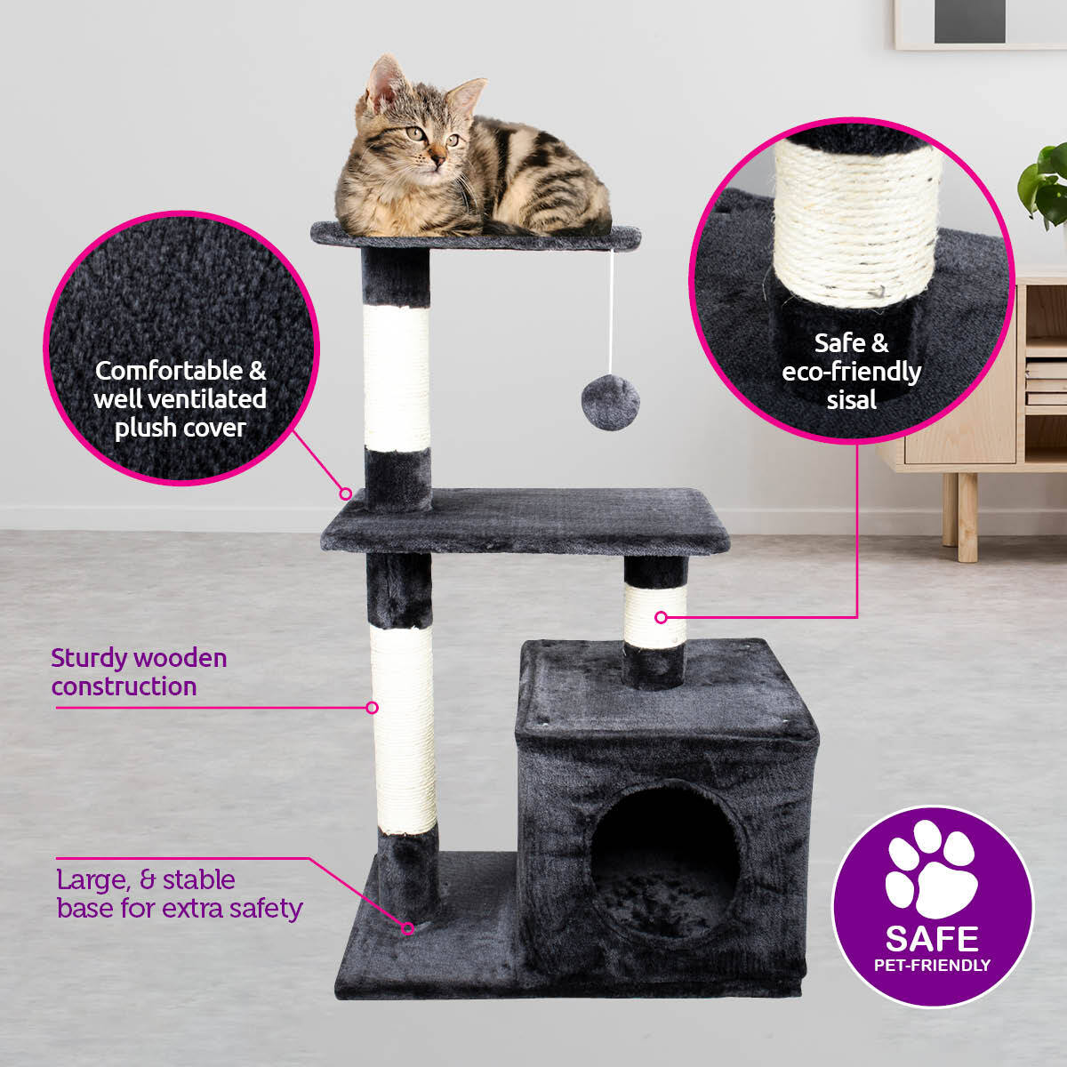 Pet Basic 3 Level Cat Scratching Tower &amp; Playhouse Scratch 80 x 40 x 50cm