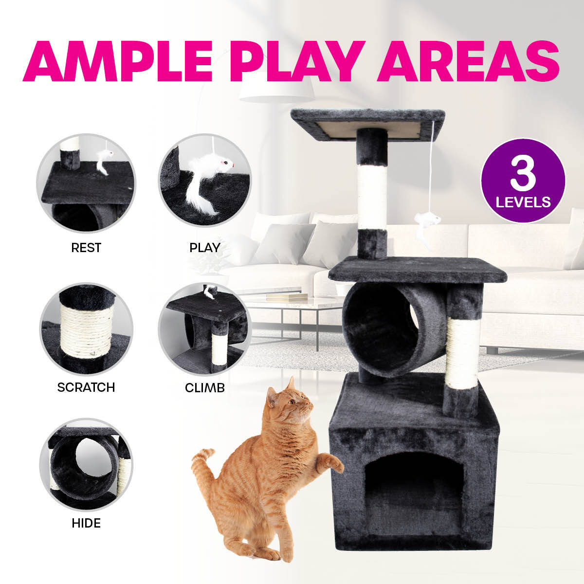 Pet Basic 3 Level Cat Scratch Tree &amp; Playhouse Fun Climb Rest 92 x 35cm